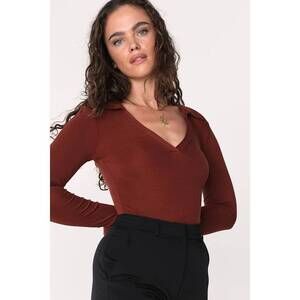 Lulus Publicity Stunt Rust Brown Long Sleeve Collared Bodysuit - Size S